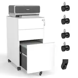 Loheer - 3-Drawer Mobile File Cabinet White Metal Rolling File Cabinet with Lock Fully Assembled Anti-Tip Design