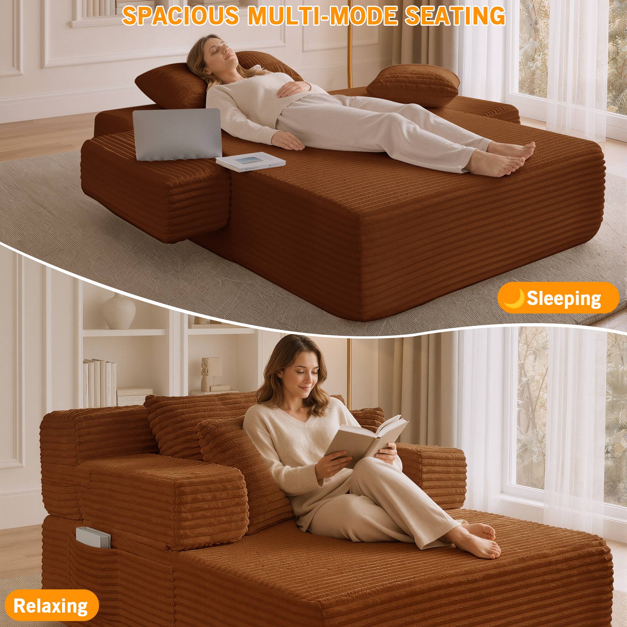SPACIOUS MULTI-MODE SEATING

- Sleeping
- Relaxing