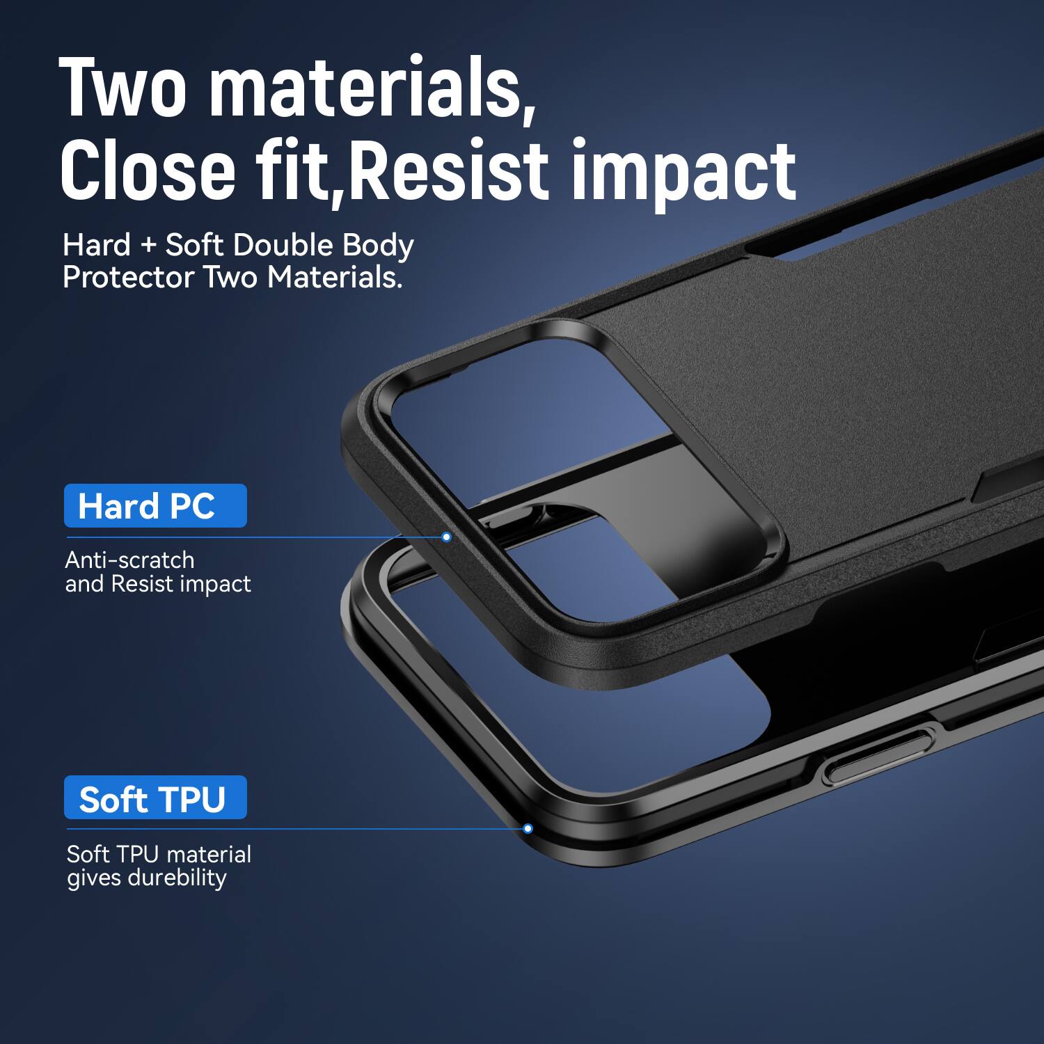 Two materials, Close fit, Resist impact  
Hard + Soft Double Body Protector Two Materials.  

Hard PC  
Anti-scratch and Resist impact  

Soft TPU  
Soft TPU material gives durability