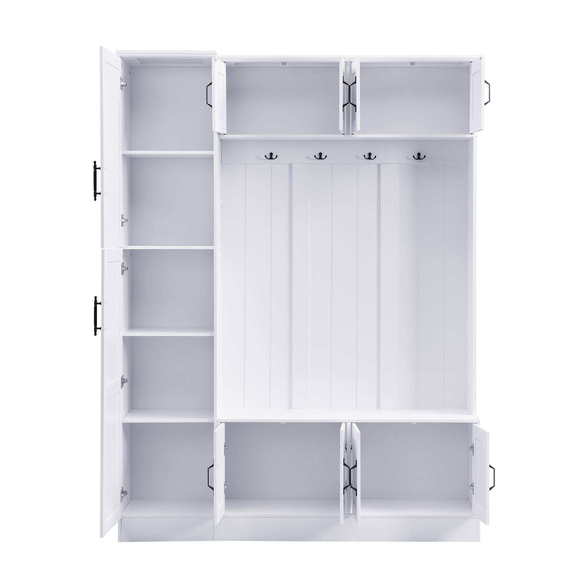 Back. Whisen - Modern Hall Tree with Shoe Storage, 4-in-1 Entryway Bench with 6 Cabinets and 4 Hooks - White.