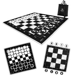 Swooc Games - 3-in-1 Giant Checkers, Chess, & Chess Tac Toe Game With Mat (4ft x 4ft) - Machine-Washable Canvas & 5in Big Foam Discs - Black