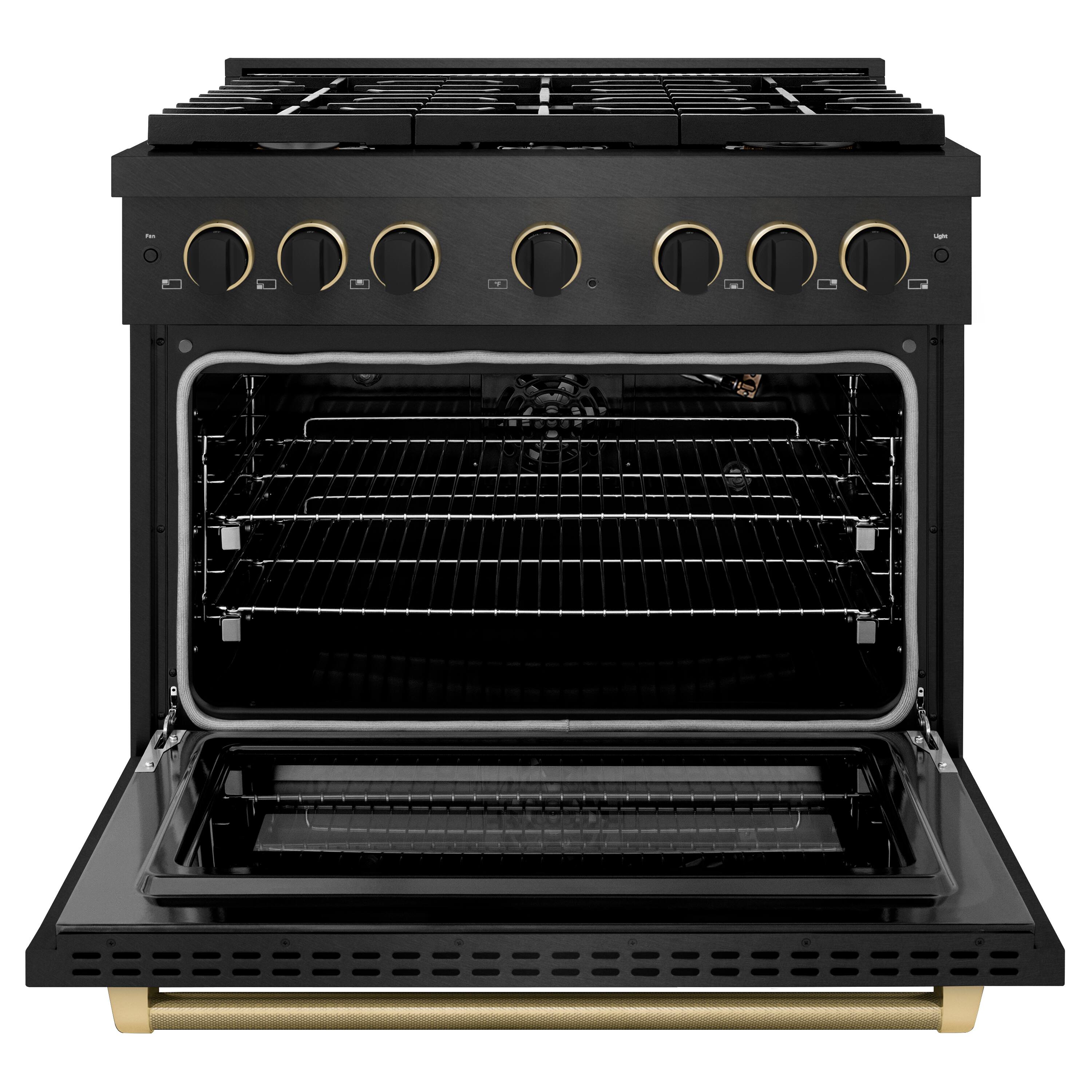 Angle. ZLINE - ZLINE Designer 36 in. 5.2 cu. ft. Manual Clean Freestanding Gas Range in Black Satin Steel with Black and Bronze Accents - Black Satin Stainless Steel.