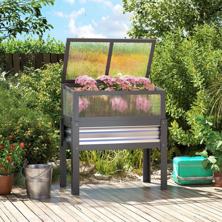 Alt View 2. PULUZ - Raised Garden Bed with Flip-Up Mini Greenhouse, Elevated Planter Box with Legs and Bed Liner for Flowers - Gray.