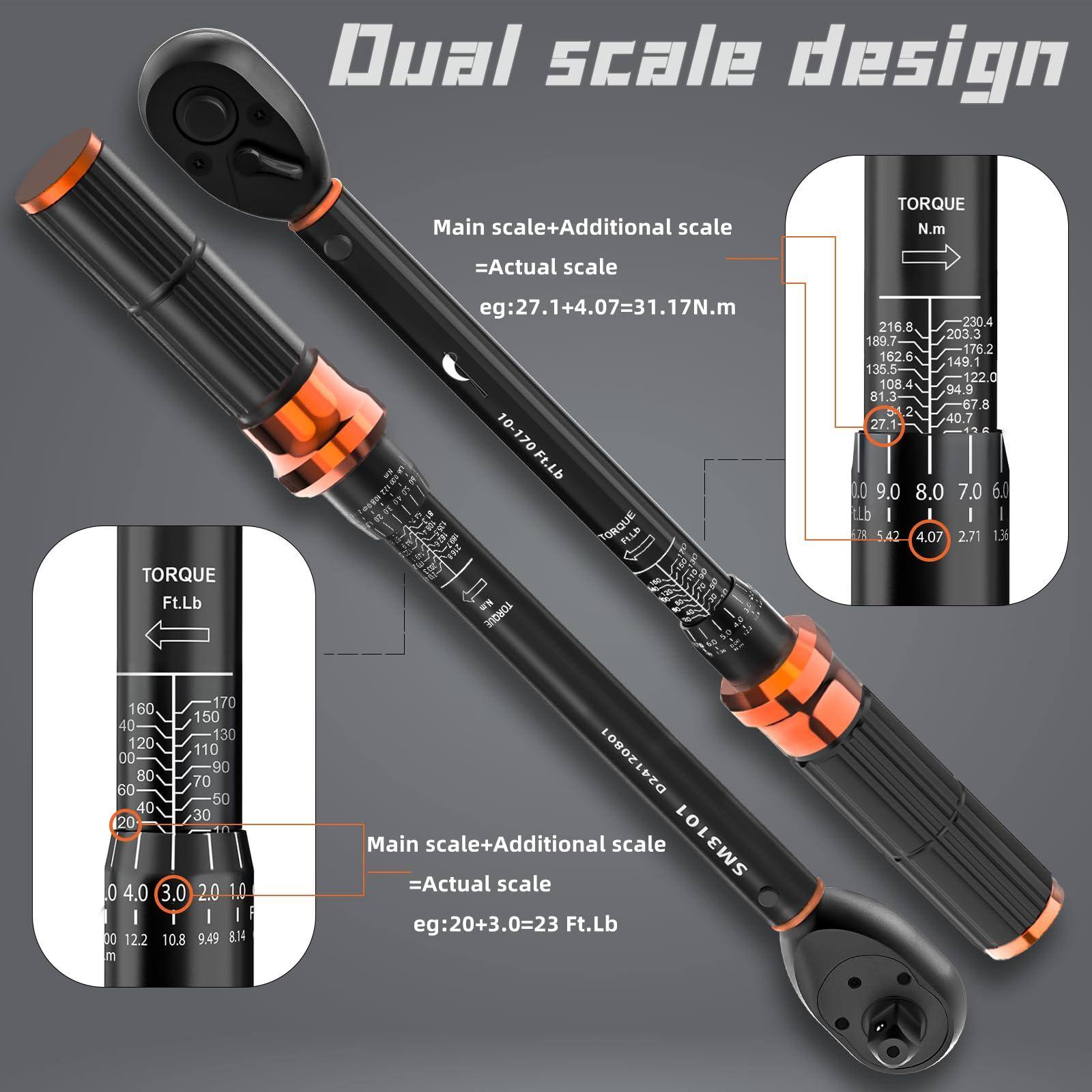 Dual scale design

Main scale + Additional scale = Actual scale

eg: 27.1 + 4.07 = 31.17 N.m

TORQUE
N.m
216.8 230.4 203.3 189.7 76.2 162.6 49.1 135.5
22.0 108.9 94.8 81.3 67.8 51.2 27.1
12.2 10.8 9.49 8.14 6.78 5.42 4.07 2.71 1.36

Ft.Lb
160 170 160 150 140 130 120 110 100 90 80 70 60 50 40 30 20 10
0.4 0.3 0.2 0.1 0.0