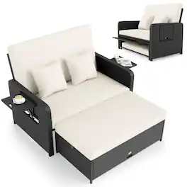 Boyel Living - PE Wicker Outdoor Daybed with 4-Level Adjustable Backrest and Storage Ottoman 65-in L x 48.0-in W x 43.5-in H - White