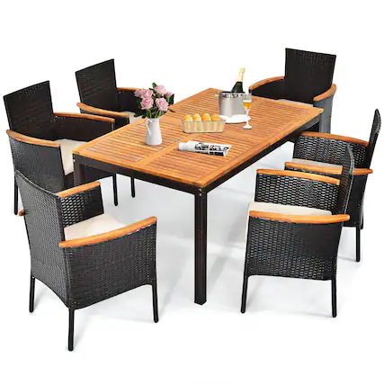 Front. Costway - 7PCS Patio Rattan Dining Set Armrest Cushioned Chair Wooden Tabletop - Brown.