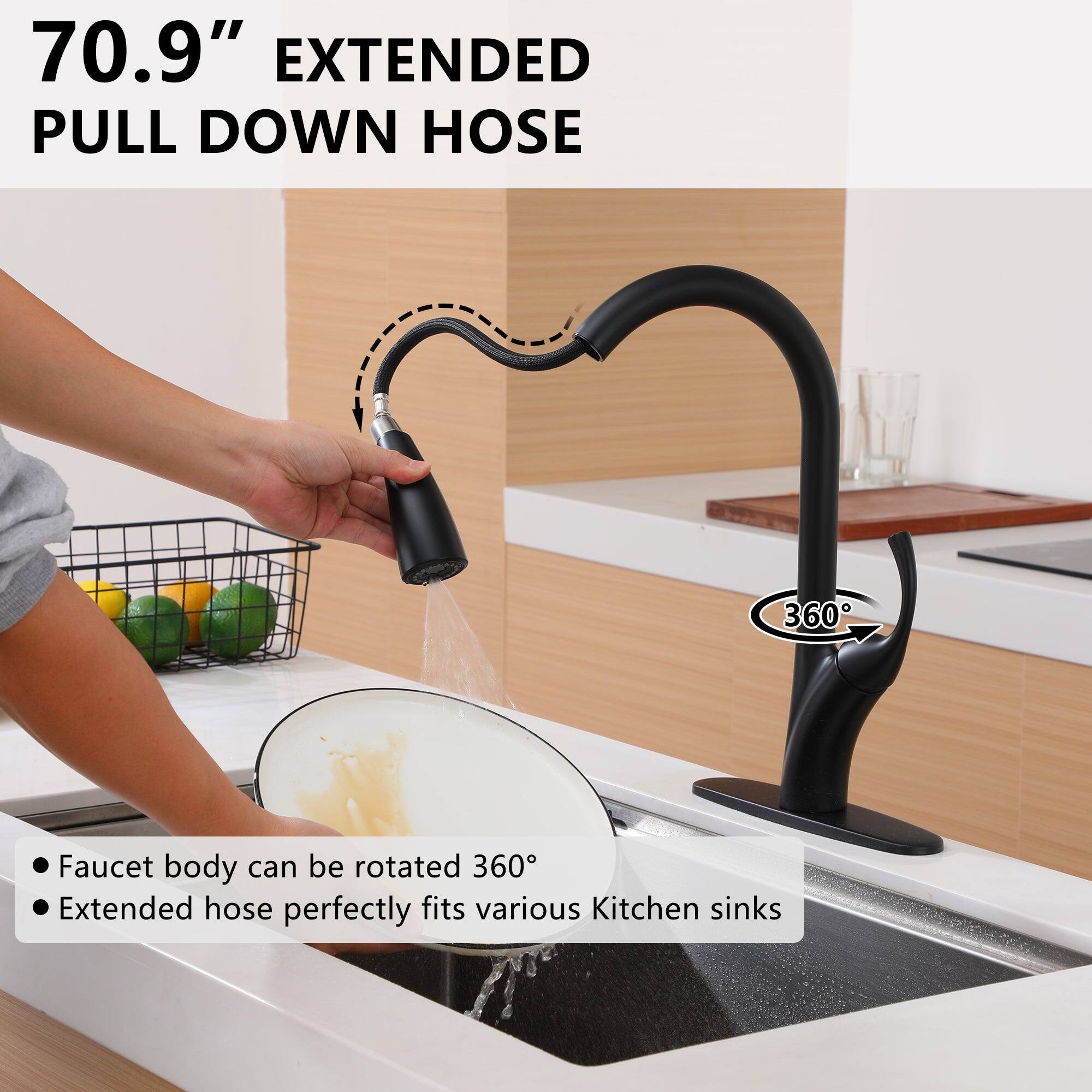 70.9" EXTENDED PULL DOWN HOSE

Faucet body can be rotated 360°
Extended hose perfectly fits various Kitchen sinks