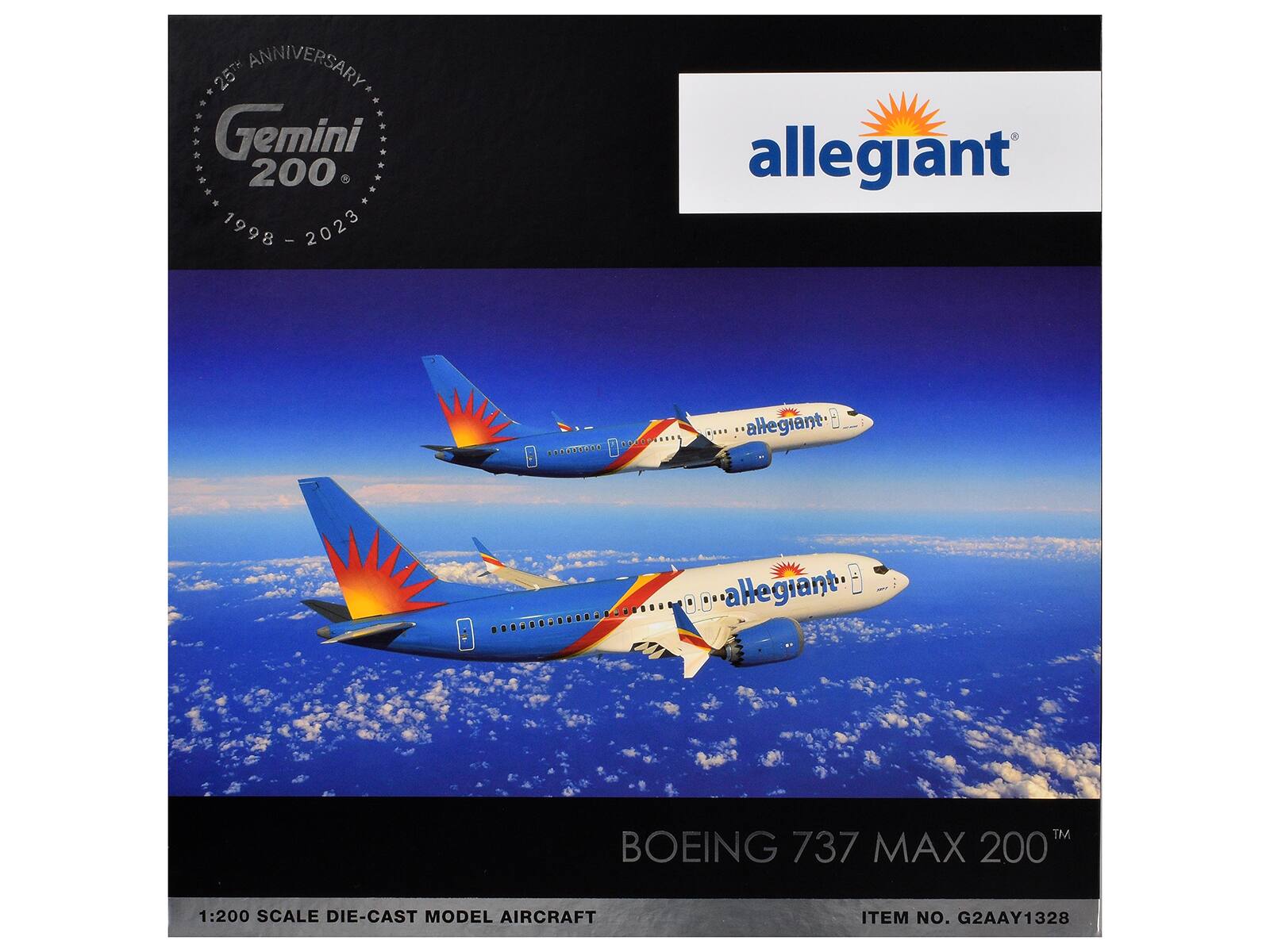 25th Anniversary  
Gemini 200  
1998 - 2023  

allegiant  

BOEING 737 MAX 200™  
1:200 Scale Die-Cast Model Aircraft  
Item No. G2AAY1328
