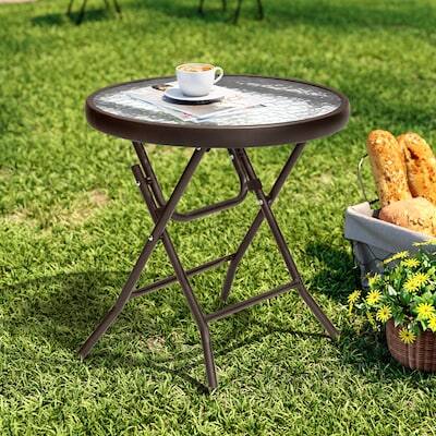 Alt View 5. Crestlive Products - Crestlive Products 18in Foldable Glass Top Outdoor Steel Frame Side Round Outdoor End Table 17.72inWx17.72inL - Brown.