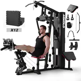 Mikolo - Home Gym Station, Workout Station With 150LBS Weight Stack, 48SFT EVA Non-slip Mat - Black