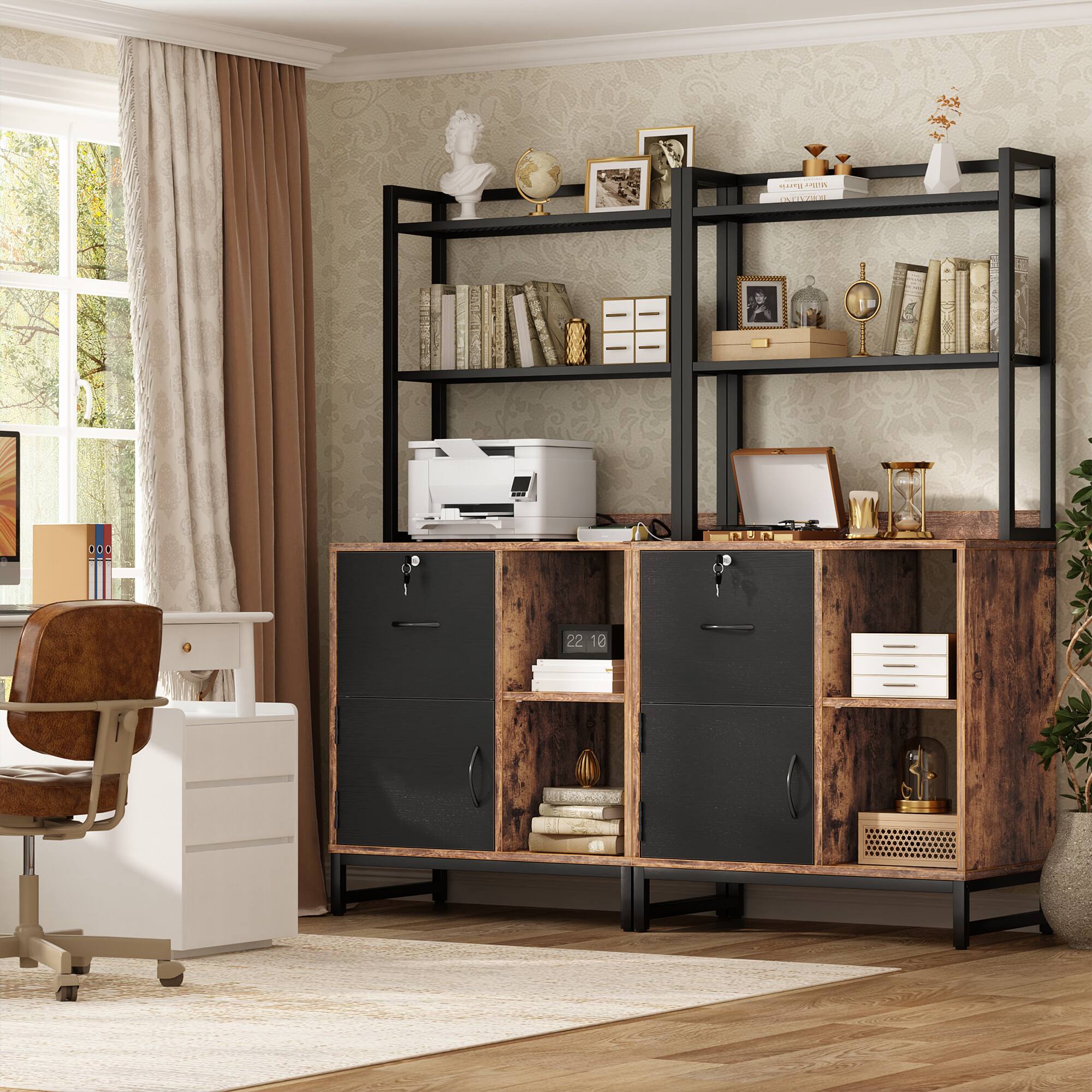 Alt View 2. Aheaplus - Vertical Filing Cabinet / Lock, Charging Station, Large Drawer, Bookshelf & Printer Stand for Home Office (Letter Size) - Black and Rustic.