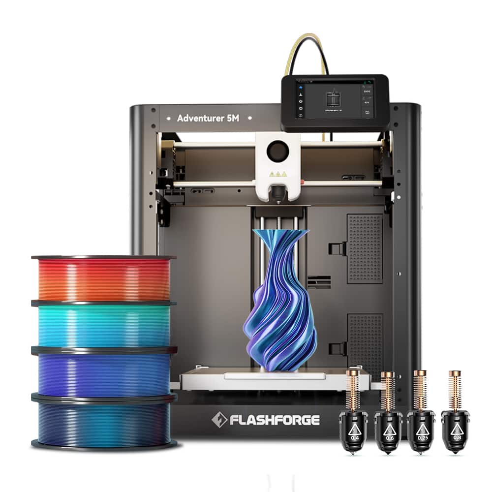 Flashforge - Adventurer 5M 3D Printer Bundle with 4×PLA multicolor Filaments and Multi-Size Nozzle Set - Black