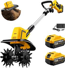 LITEKON - 21V Cordless Tiller Cultivator, 540RPM Battery Powered Garden Tiller with 2x5.0AH Batteries & 1.5A Fast Charger - Yellow