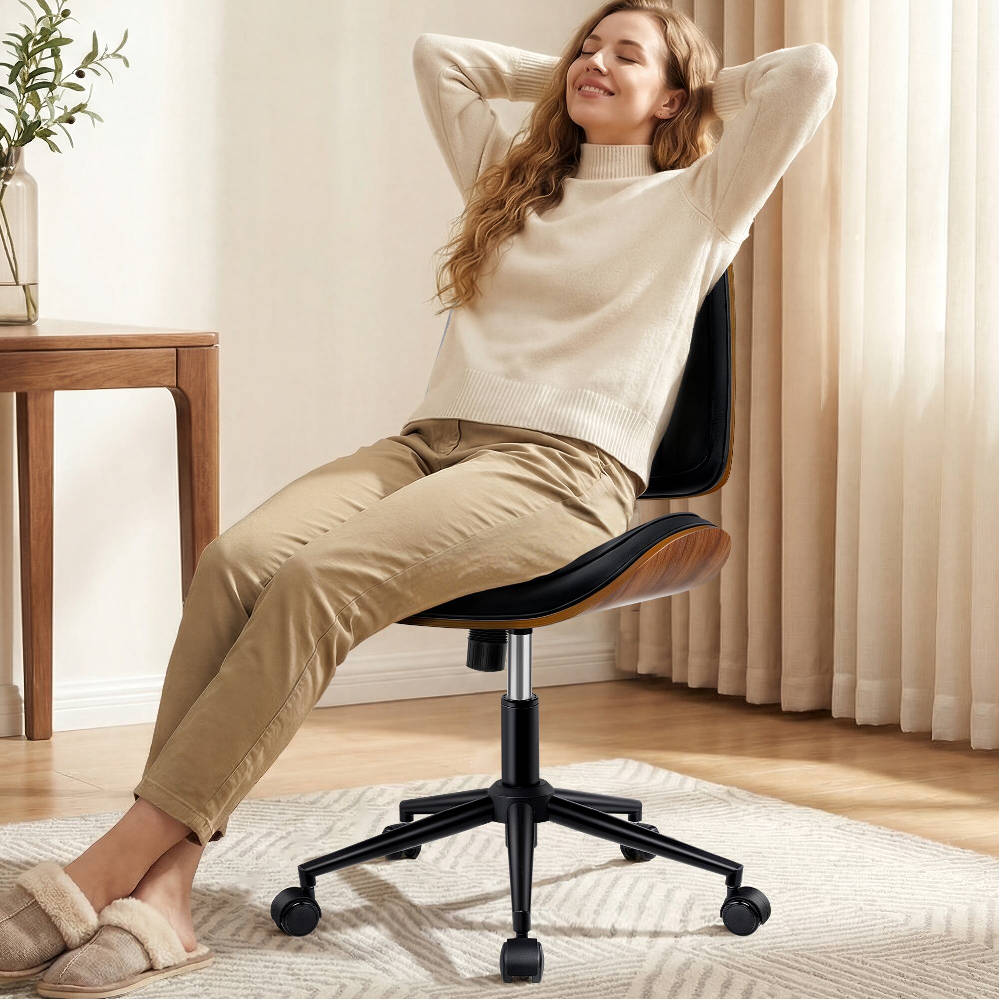 Alt View 4. KERDOM - Stylish Home Office Chair, Ergonomic Mid Back Computer Chair, PU Leather Armless Accent Task Chair for Reception, Tilt - Black.