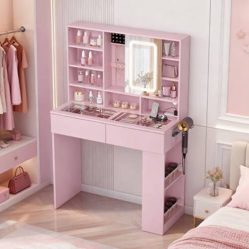 Alt View 5. Winado - Visualized Glass Tabletop Vanity Table with USB Charging Station, LED Lighted Mirror, Side-mounted Hidden Storage Shelve - Pink.