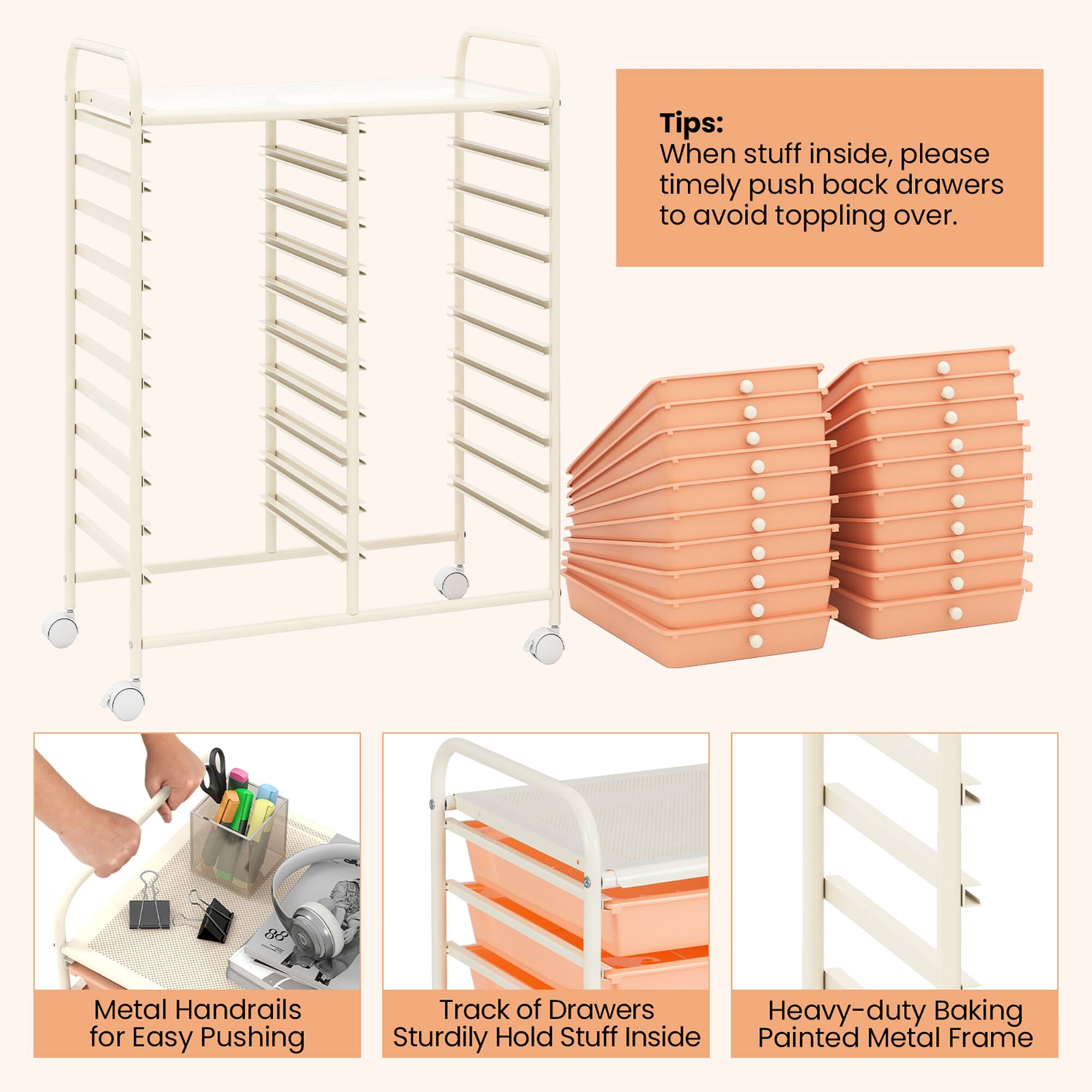 Tips:  
When stuff inside, please timely push back drawers to avoid toppling over.

Metal Handrails for Easy Pushing

Track of Drawers Sturdily Hold Stuff Inside

Heavy-duty Baking Painted Metal Frame