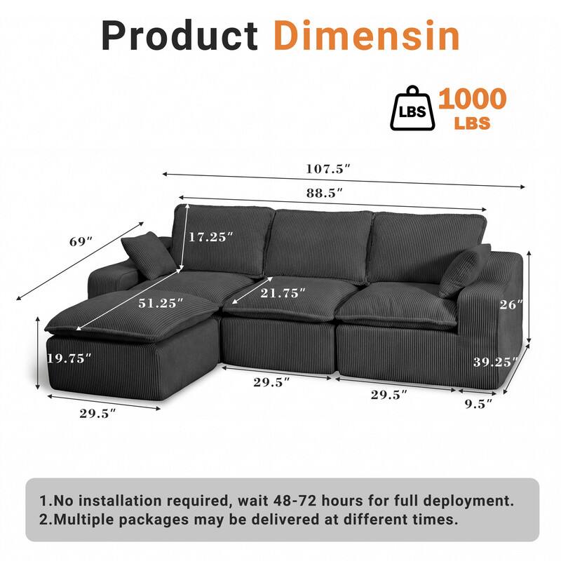 Product Dimension

1000 LBS

107.5" 88.5" 69" 17.25" 51.25" 21.75" 26" 19.75" 29.5" 29.5" 29.5" 39.25" 9.5"

1. No installation required, wait 48-72 hours for full deployment.
2. Multiple packages may be delivered at different times.