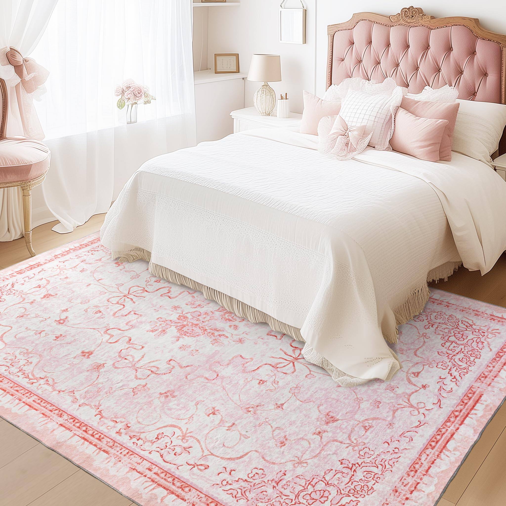 Back. Fabibe - Pink Rug For Bedroom Girl Nursey 5x7 - Bow Dorm College Cute Coquette Teen Room romantic floral design elevate... - Pink-5' x 7' (Rectangular).