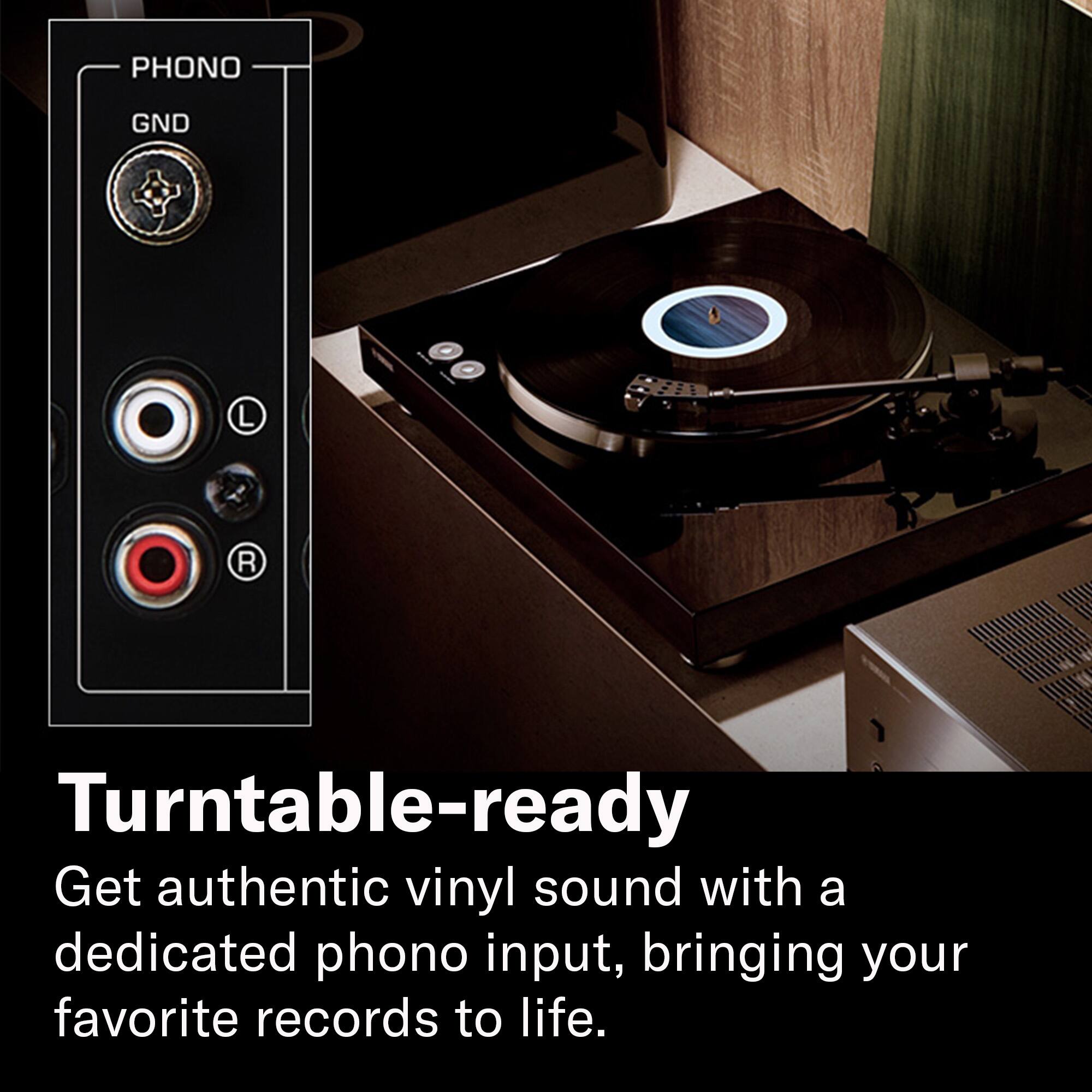 PHONO  
GND  
R  
Turntable-ready  
Get authentic vinyl sound with a dedicated phono input, bringing your favorite records to life.