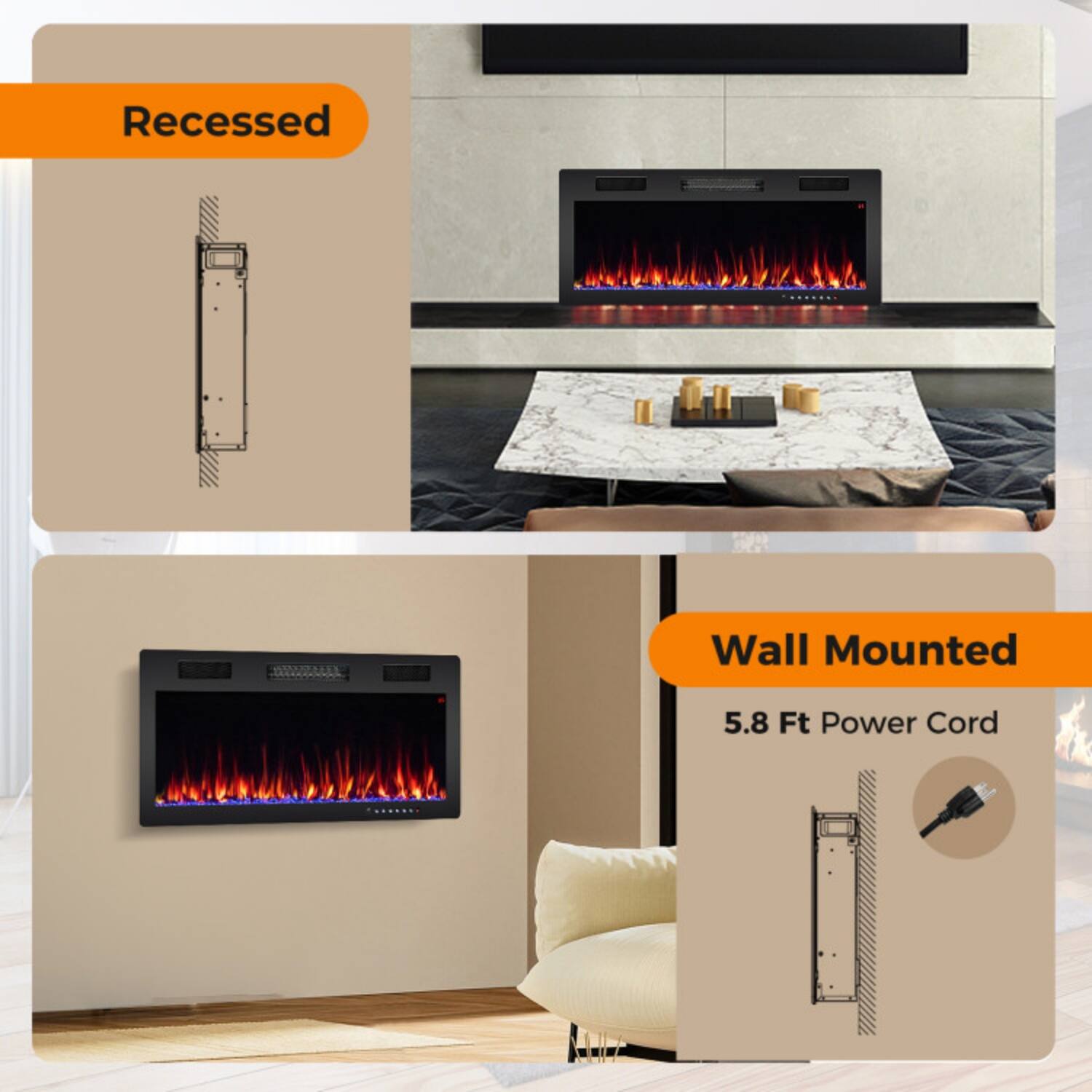 Recessed Wall Mounted 5.8 Ft Power Cord