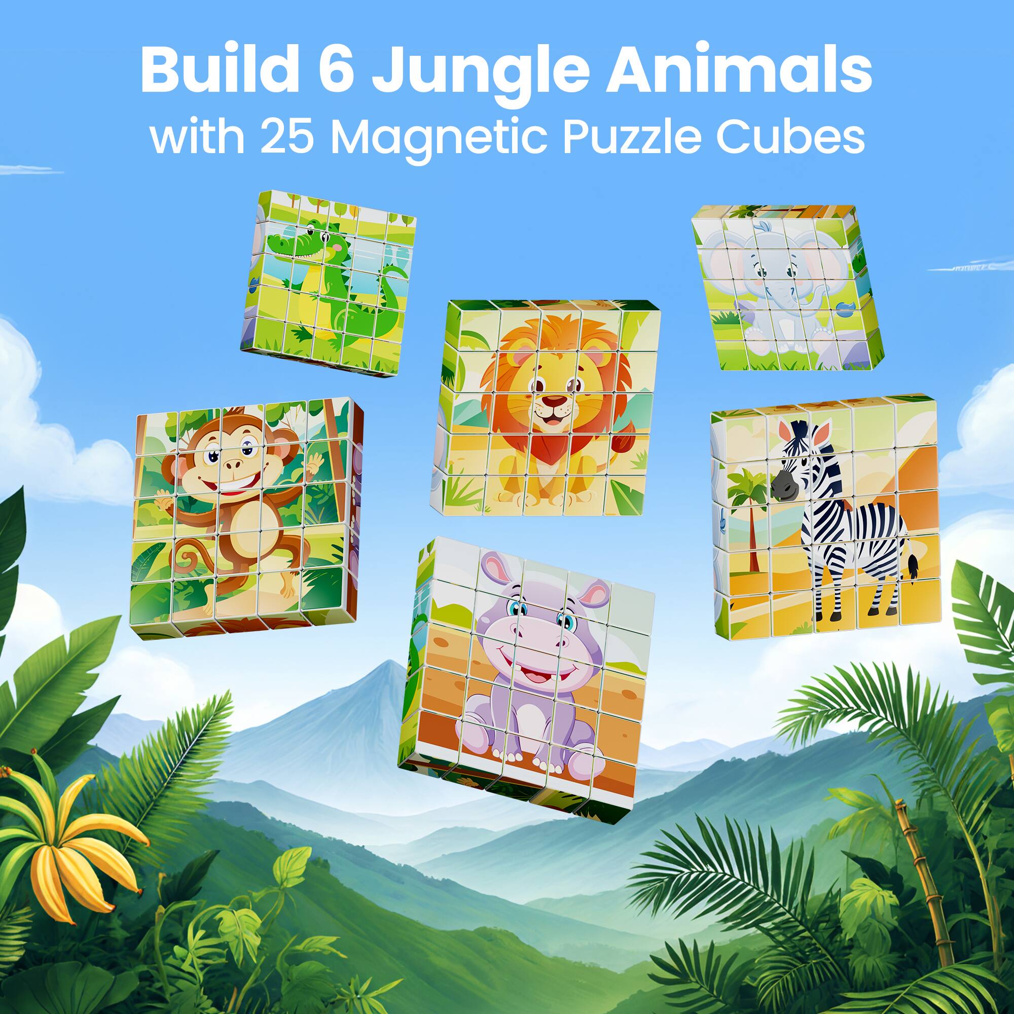 Build 6 Jungle Animals with 25 Magnetic Puzzle Cubes