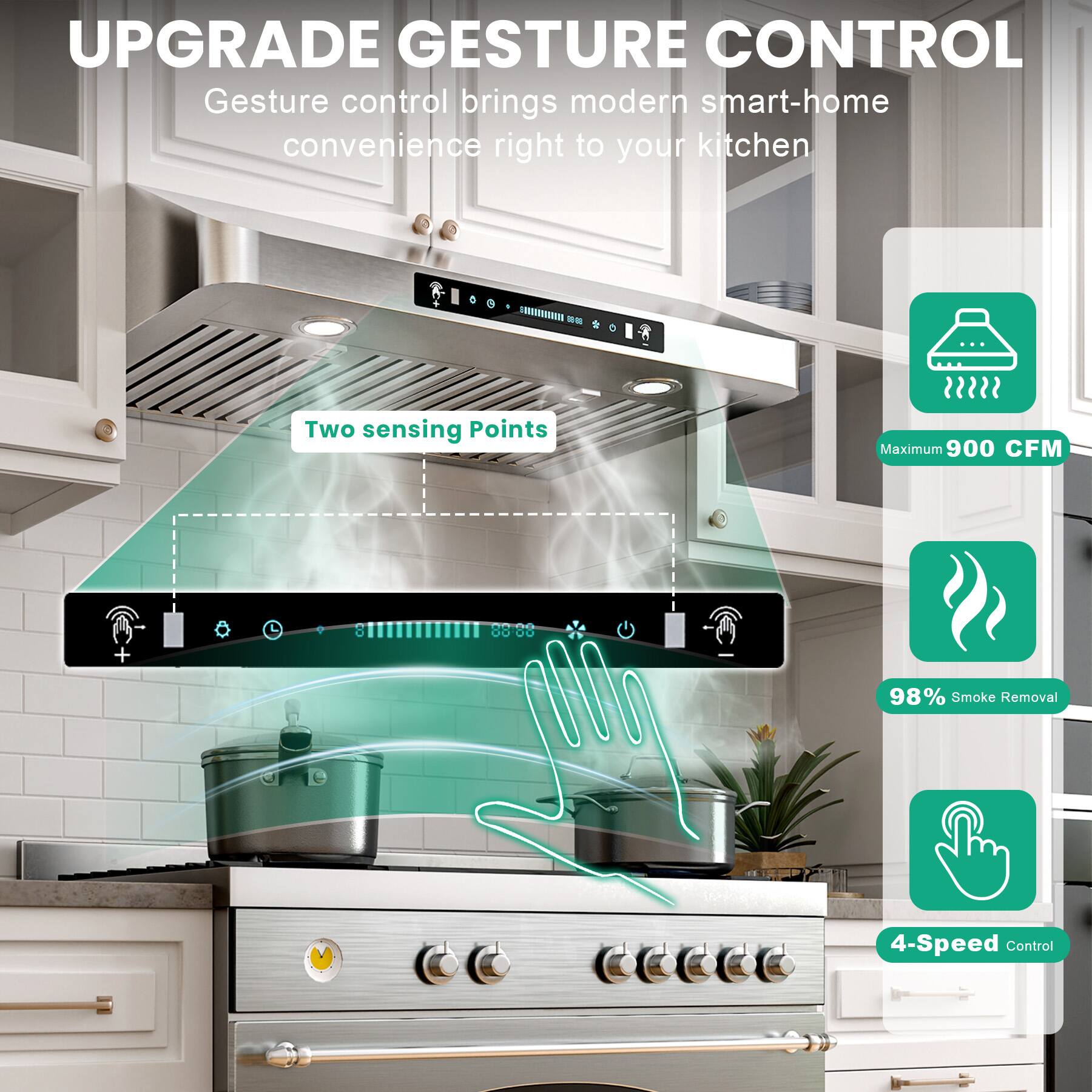 UPGRADE GESTURE CONTROL

Gesture control brings modern smart-home convenience right to your kitchen

- Two sensing Points
- Maximum 900 CFM
- 98% Smoke Removal
- 4-Speed Control