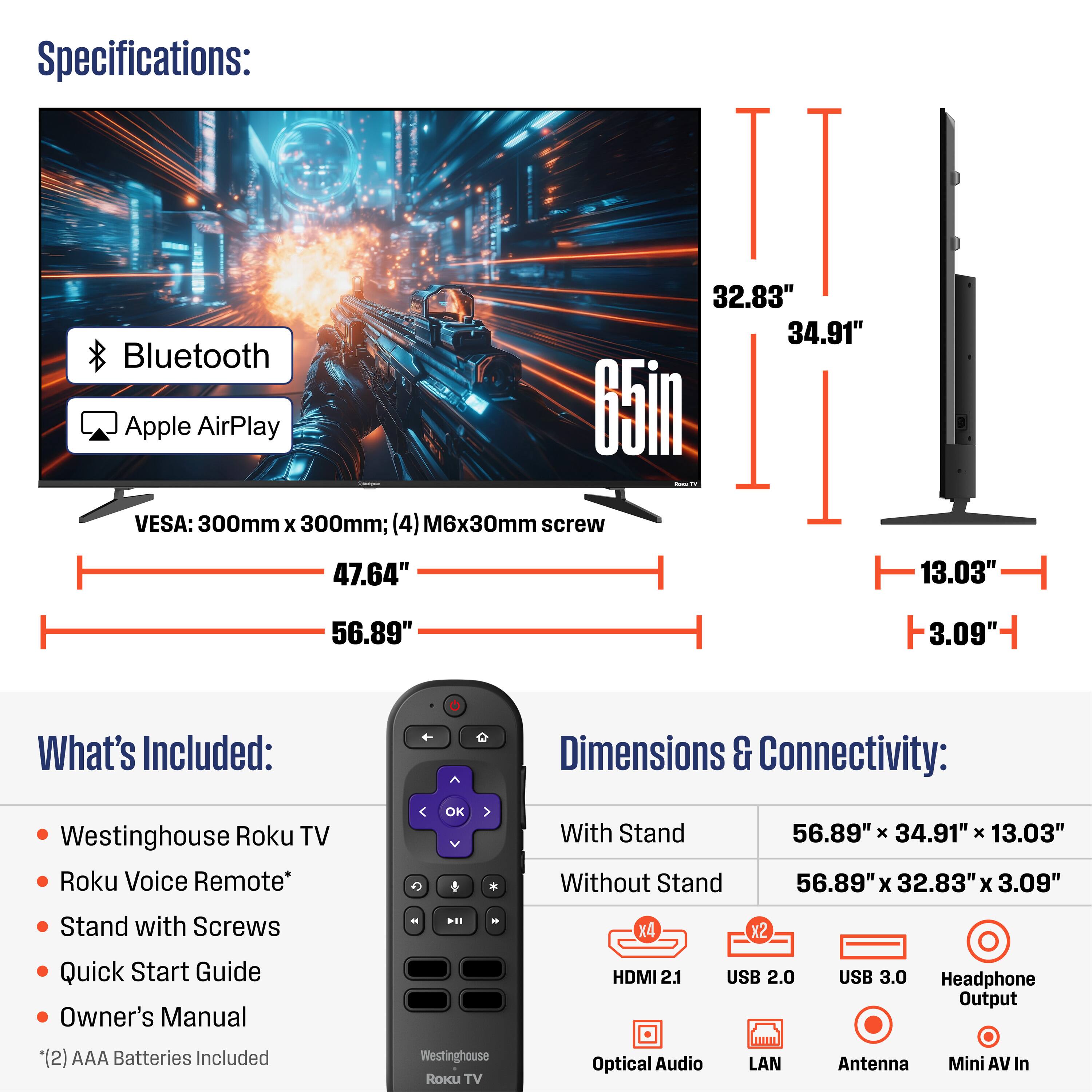 Specifications:
- 65in
- Bluetooth
- Apple AirPlay
- VESA: 300mm x 300mm; (4) M6x30mm screw
- 32.83"
- 34.91"
- 47.64"
- 56.89"
- 13.03"
- 3.09"

What's Included:
- Westinghouse Roku TV
- Roku Voice Remote*
- Stand with Screws
- Quick Start Guide
- Owner's Manual
- (2) AAA Batteries Included

Dimensions & Connectivity:
- With Stand: 56.89" x 34.91" x 13.03"
- Without Stand: 56.89" x 32.83" x 3.09"
- HDMI 2.1
- USB 2.0
- USB 3.0
- Optical Audio
- LAN
- Headphone Output
- Antenna
- Mini AV In