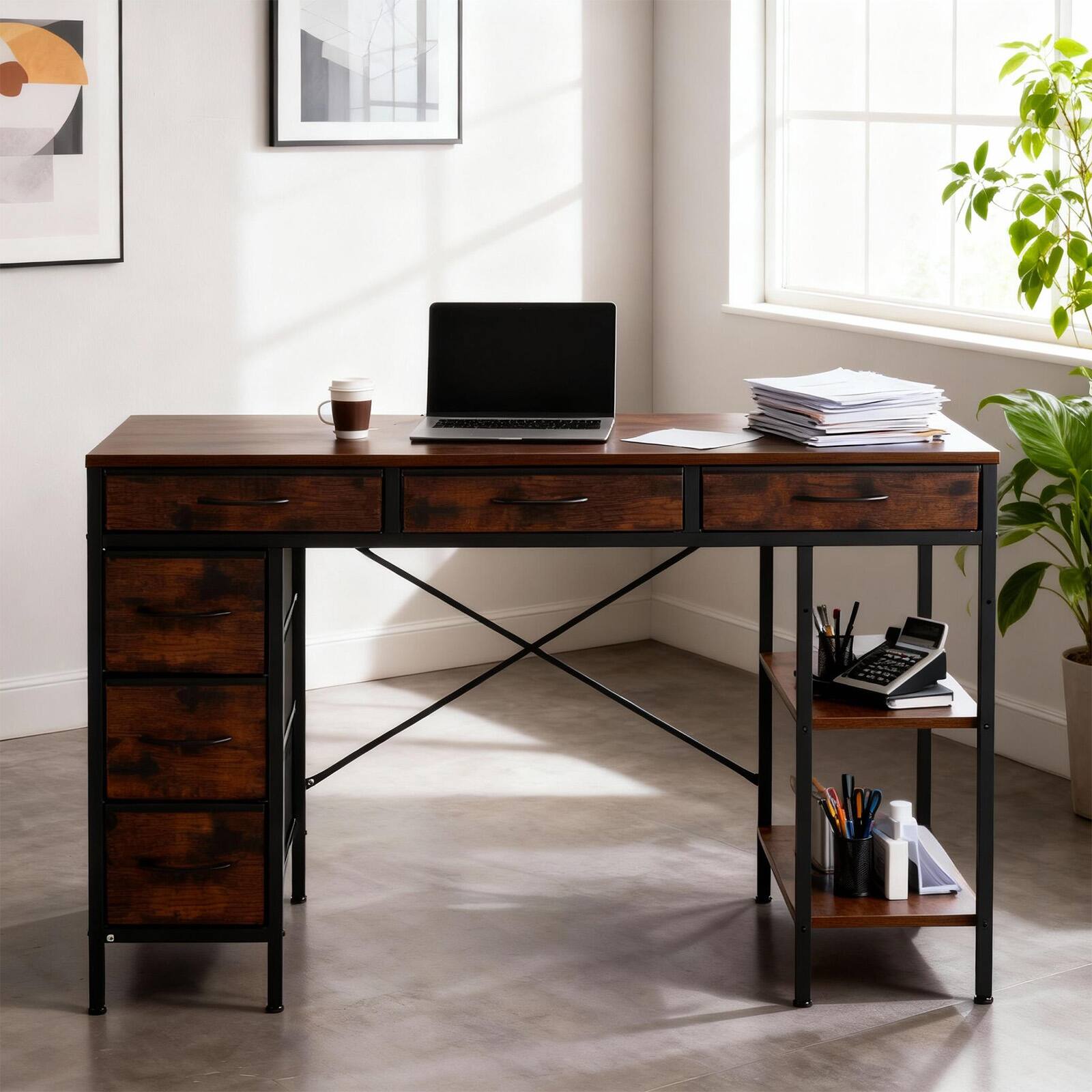 Back. Bestier - 55-inch Computer Desk with 6 Fabric Drawers, Adjustable Storage Shelf,Metal Desk for Home Office & Gaming - brown.