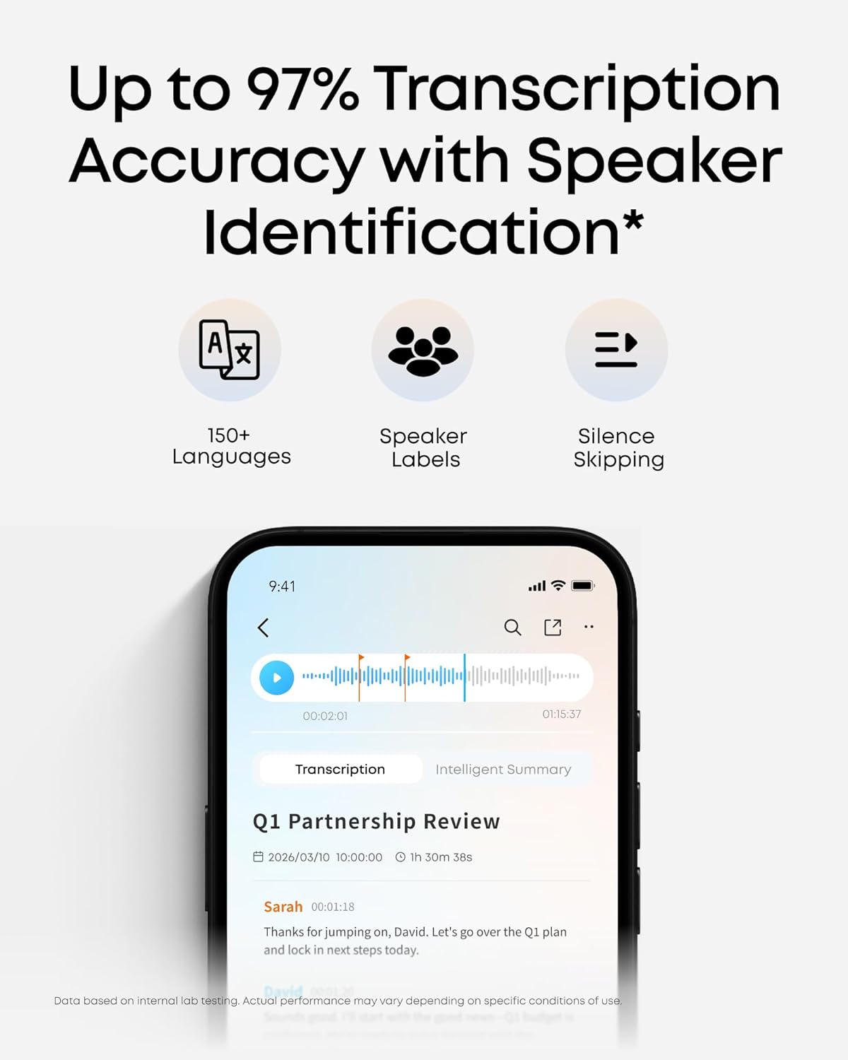 Up to 97% Transcription Accuracy with Speaker Identification*  
A 150+ Languages Speaker Labels Silence Skipping  
9:41 00:02:01 01:15:37  
Transcription Intelligent Summary  
Q1 Partnership Review  
2026/03/10 10:00:00 1h 30m 38s  
Sarah 00:01:18  
Thanks for jumping on, David. Let's go over the Q1 plan and lock in next steps today.  
Data based on internal lab testing. Actual performance may vary depending on specific conditions of use