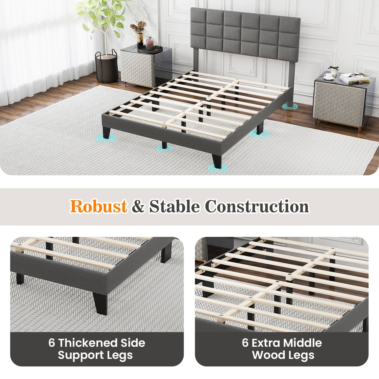 Robust & Stable Construction
6 Thickened Side Support Legs
6 Extra Middle Wood Legs