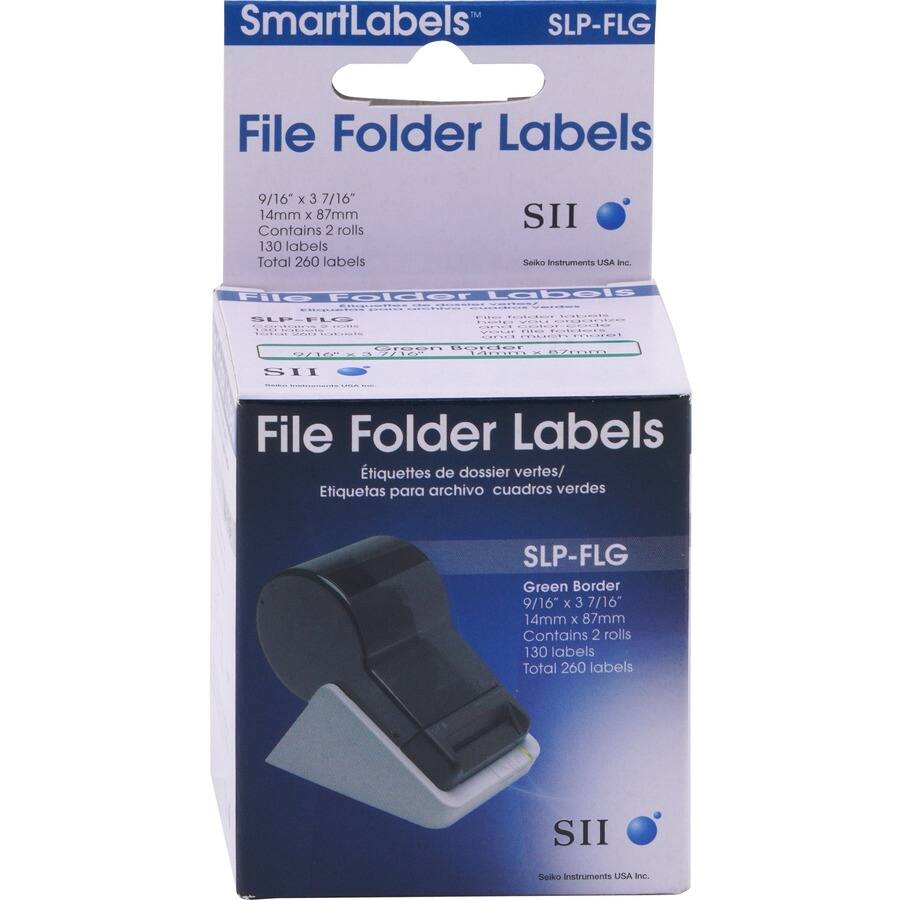 SmartLabels SLP-FLG  
File Folder Labels  
9/16" x 7/16" (14mm x 87mm)  
Contains 2 rolls  
130 labels  
Total 260 labels  
SII Seiko Instruments USA Inc.  

File Folder Labels  
CHICRION version  
SLP-FLG 200  
FIL folder labels help and your and much  
9/16"  
Green Border 3 7/16" (14mm x 87mm)  
SII  

File Folder Labels  
Étiquettes de dossier vertes/ Etiquetas para archivo cuadros verdes  
SLP-FLG Green Border 9/16" x 3 7/16" (14mm x 87mm)  
Contains 2 rolls  
130 labels  
Total 260 labels  
SII  
Seiko Instruments USA Inc.