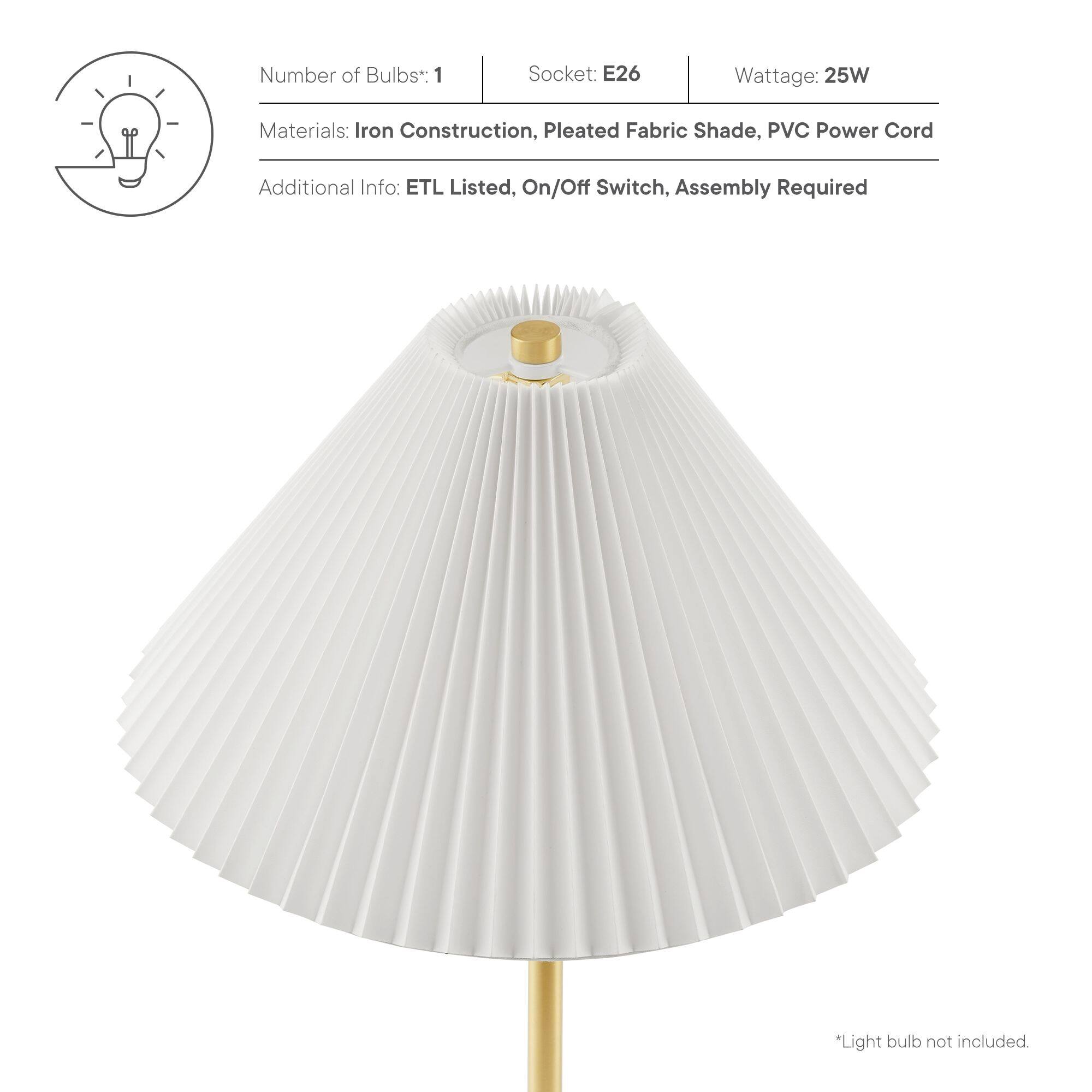 Number of Bulbs*: 1  
Socket: E26  
Wattage: 25W  

Materials: Iron Construction, Pleated Fabric Shade, PVC Power Cord  

Additional Info: ETL Listed, On/Off Switch, Assembly Required  

*Light bulb not included.