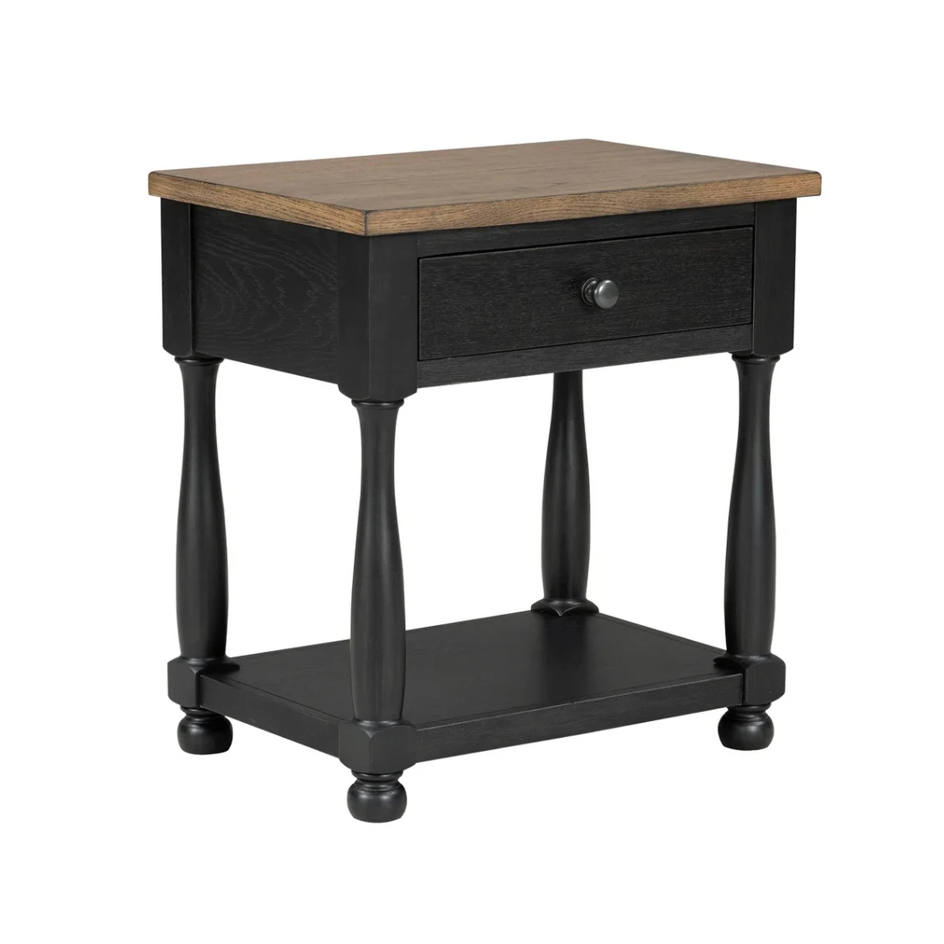 Front. Manhattan Lane - Ginie Nightstand, USB Ports and Drawer, Shelf, Rustic Oak Wood - Black, Oak Brown, Pewter.