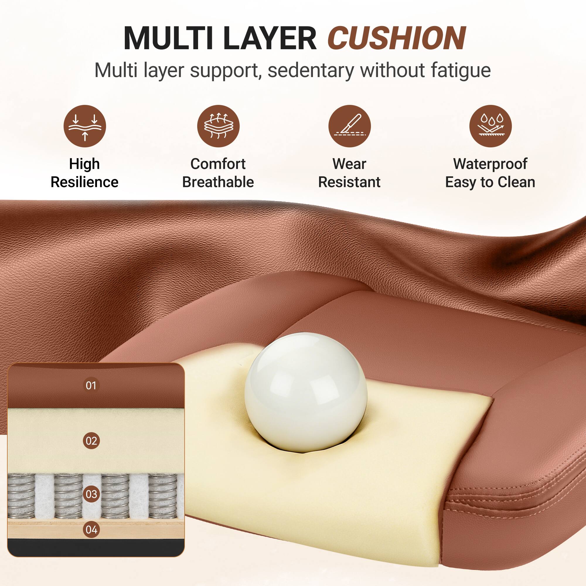MULTI LAYER CUSHION

Multi layer support, sedentary without fatigue

- High Resilience
- Comfort Breathable
- Wear Resistant
- Waterproof Easy to Clean

01 02 03 04