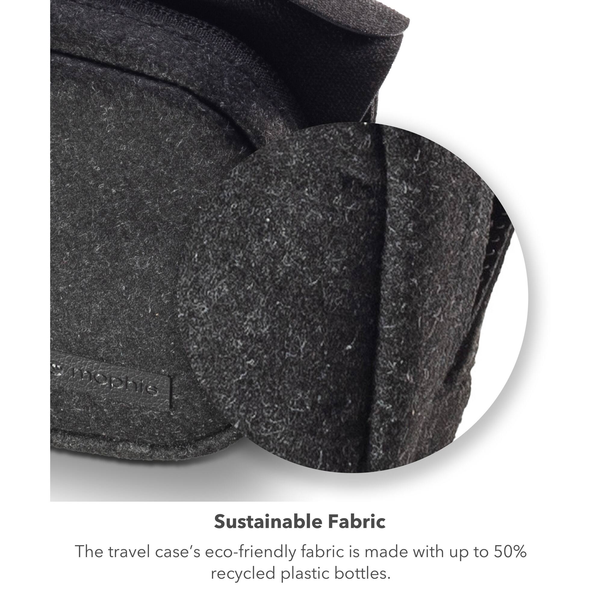 Sustainable Fabric  
The travel case's eco-friendly fabric is made with up to 50% recycled plastic bottles.