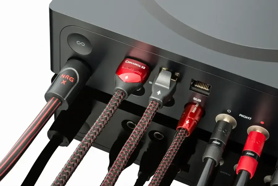 The text on the image reads: "S NRG x CINNAMON 48 QESK IN I SUB RE IRISH 99 AMP RIGHT 99 AMP RIGHT." This text seems to be a combination of various phrases and numbers, but it does not provide any clear information about the content of the image. The image features a black box with red and black cords coming out of it, which could be related to electronics or audio equipment.