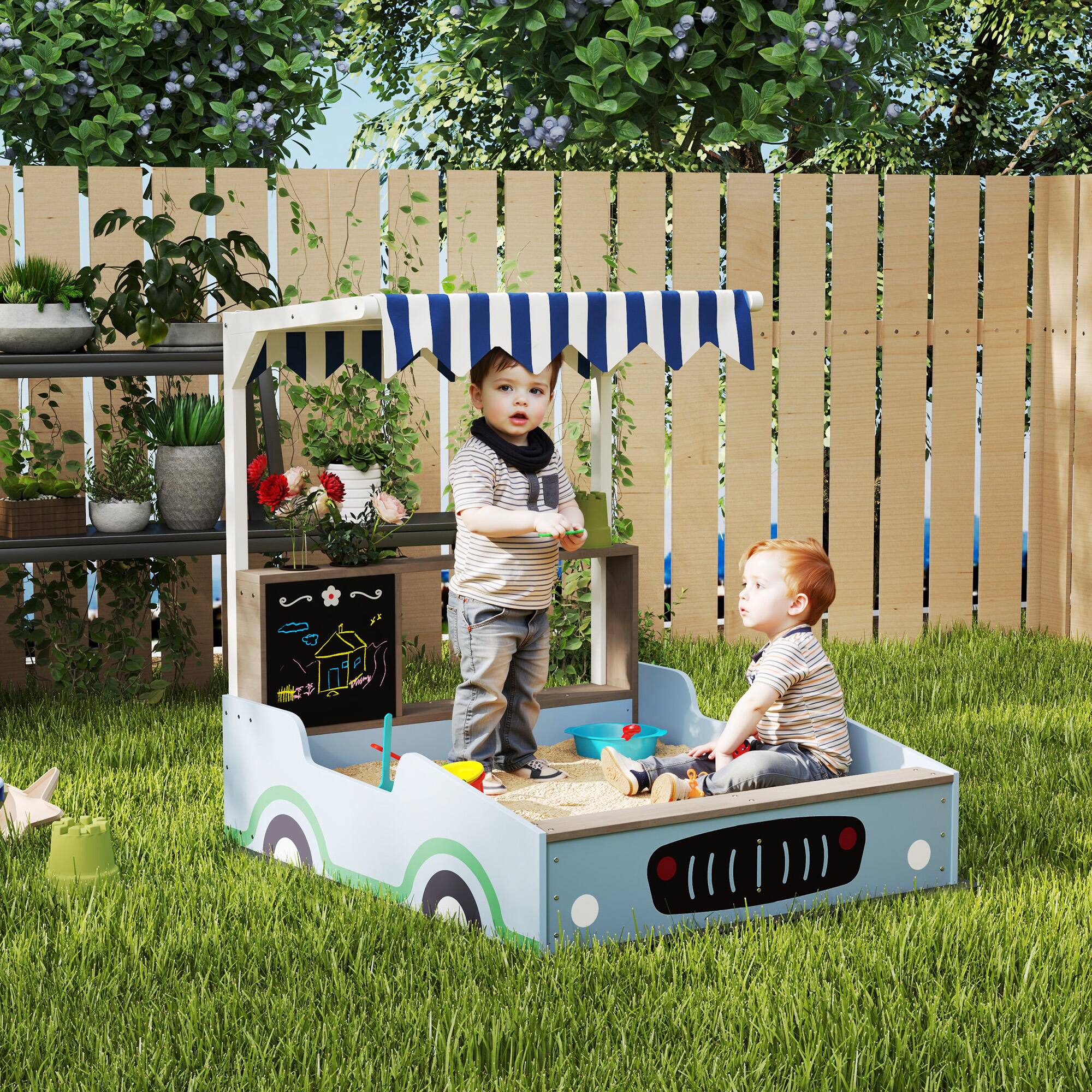 Alt View 1. Qaba - Wooden Sandbox with Canopy with Bench Seats, Bottom Liner, Drawing Board, Planting Boxes for Backyard.