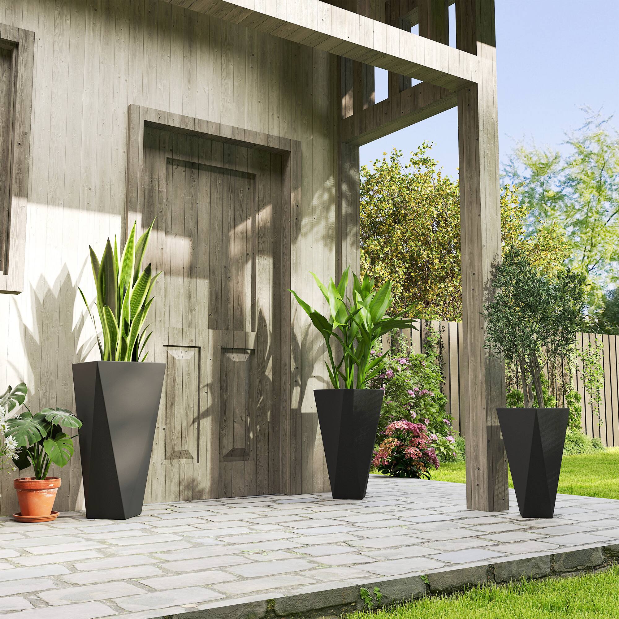 Alt View 1. Outsunny - Outdoor Planters Set of 3 MgO Tall Planters Stackable Flower Pots with Drainage Holes for Garden - Black.
