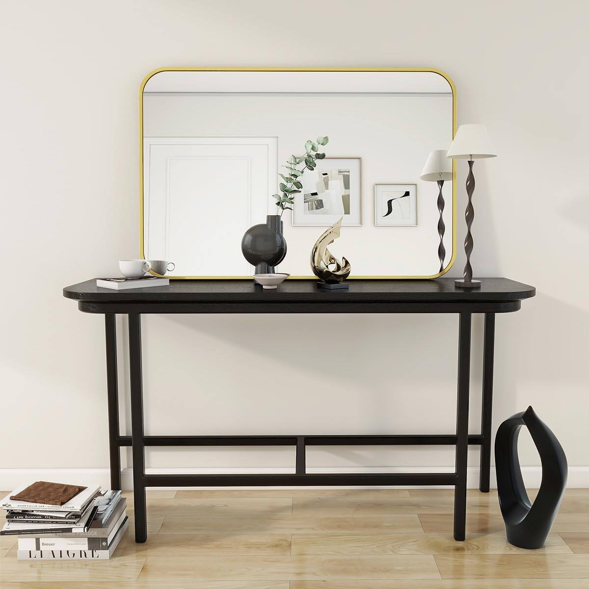 Alt View 2. HOMLUX - Rounded Rectangle Wall Mirror Gold Aluminum Frame Wall Mounted Modern Decor for Bathroom Bedroom Entryway.