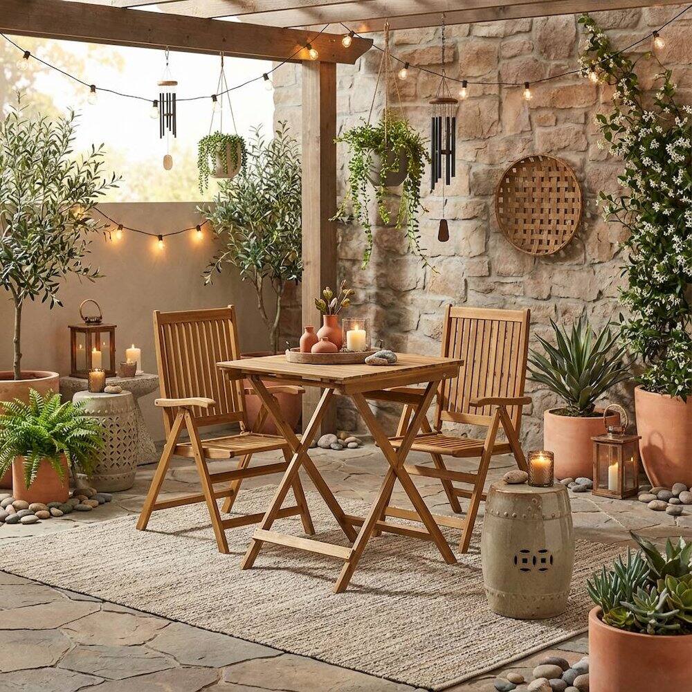 Alt View 3. Outdoor Escape - 3-Pc Oil-Finish Wood Patio Dining Set with Folding Table and 2 Camping Chairs - Natural Oil.