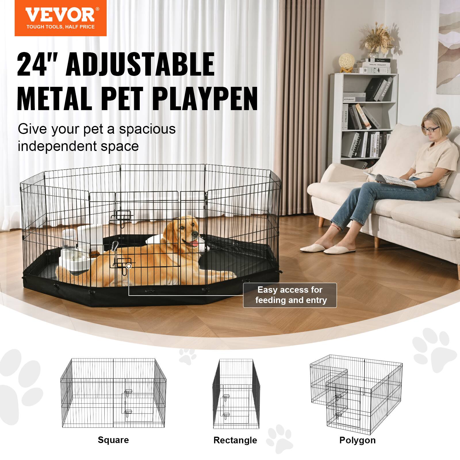 VEVOR TOUGH TOOLS. HALF PRICE 24" ADJUSTABLE METAL PET PLAYPEN. Give your pet a spacious independent space! - Easy access for feeding and entry. Square, Rectangle, Polygon.