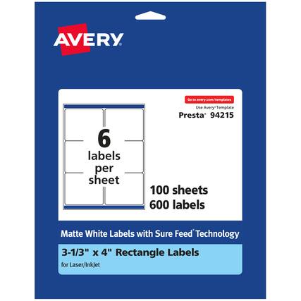 AVERY
Go to avery.com/templates
6 labels per sheet
Use Avery Template
Presta 94215
100 sheets
600 labels
Matte White Labels with Sure Feed Technology
3-1/3" x 4" Rectangle Labels for Laser/InkJet