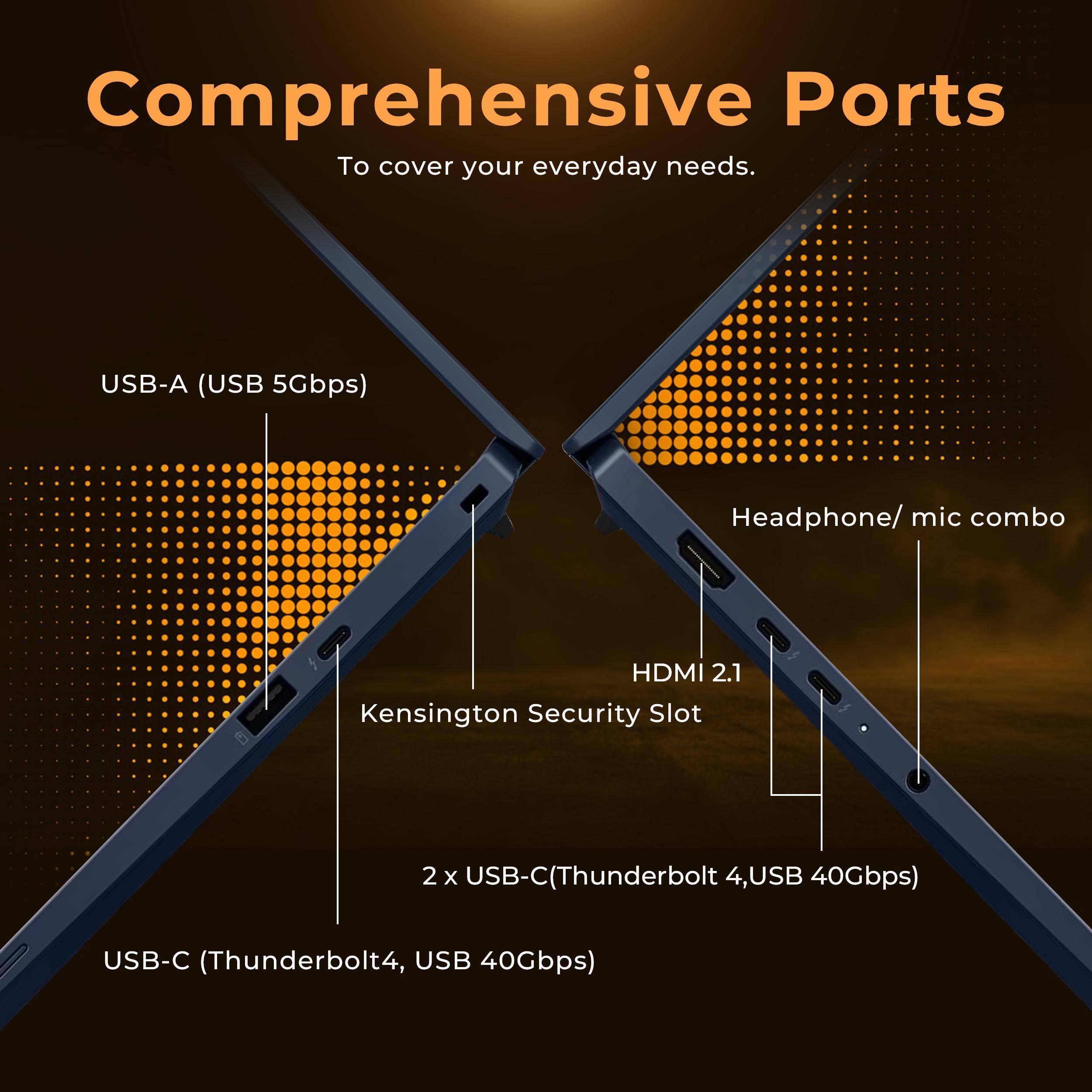 Comprehensive Ports  
To cover your everyday needs.  
USB-A (USB 5Gbps)  
Headphone/ mic combo  
HDMI 2.1  
Kensington Security Slot  
2 x USB-C (Thunderbolt 4, USB 40Gbps)  
USB-C (Thunderbolt 4, USB 40Gbps)