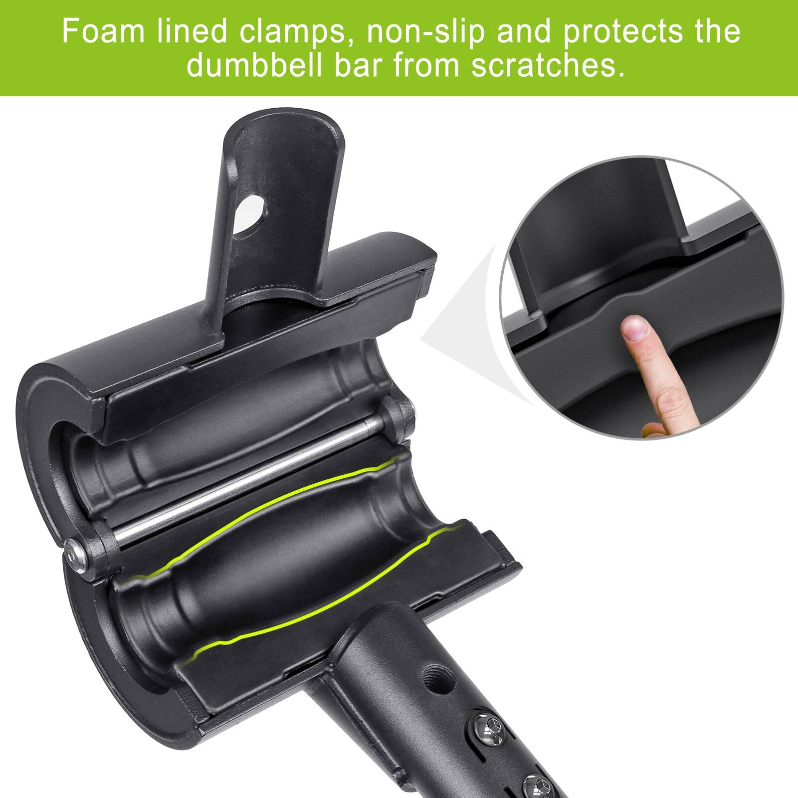 Foam lined clamps, non-slip and protects the dumbbell bar from scratches.