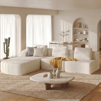 Front. Pinmoco - PINMOCO Modular Sectional Sofa, Sleeper Sofa Bed with 3 Pillows, Boneless Couch with Side Pockets - Left Chaise Off White.