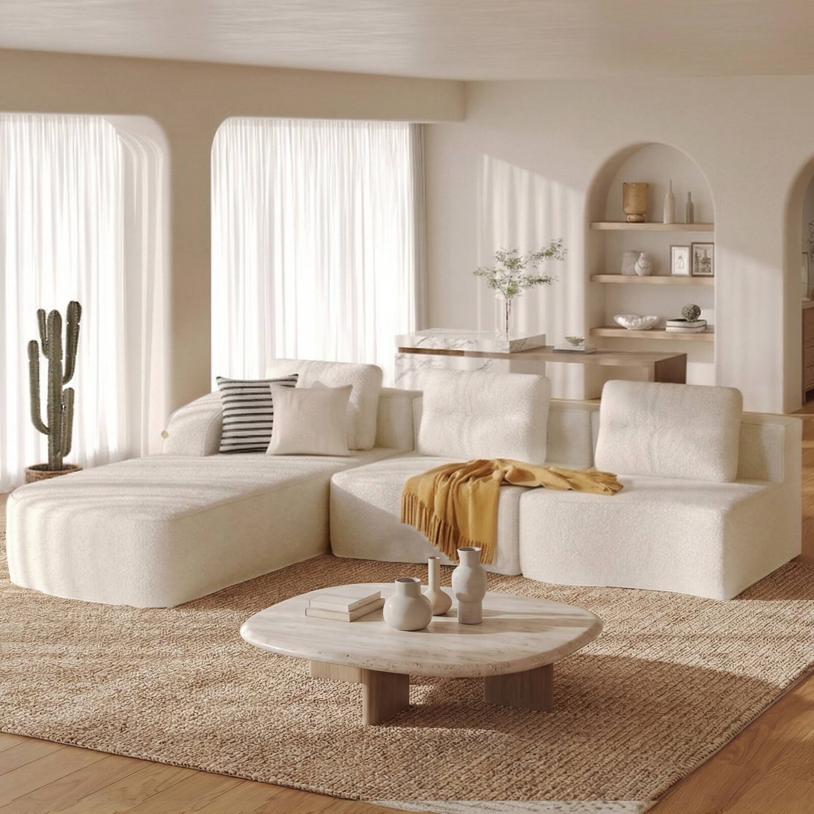 Front. Pinmoco - PINMOCO Modular Sectional Sofa, Sleeper Sofa Bed with 3 Pillows, Boneless Couch with Side Pockets - Left Chaise Off White.