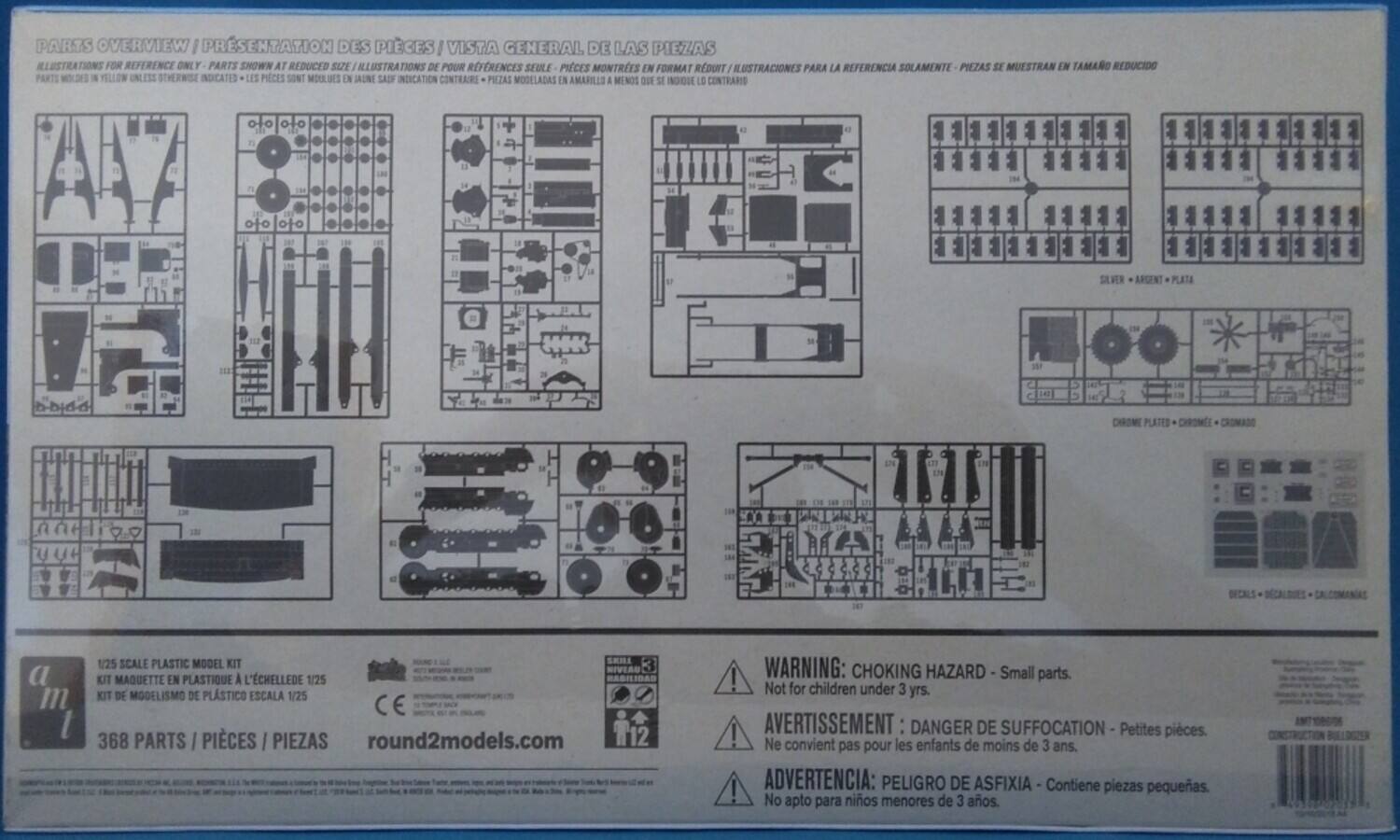 **PARTS OVERVIEW / PRÉSENTATION DES PIÈCES / VISTA GENERAL DE LAS PIEZAS**

ILLUSTRATIONS FOR REFERENCE ONLY. PARTS SHOWN AT REDUCED SIZE / ILLUSTRATIONS DE POUR RFRENCES SEULE PICES MONTRES EN FORMAT RDUIT / ILUSTRACIONES PARA LA REFERENCIA SOLAMENTE PIEZAS SE MUESTRAN EN TAMAÑO REDUCIDO

PARTS MOLDED IN YELLOW UNLESS OTHERWISE INDICATED / LES PIECES SONT MOULUES EN JAUNE SAUF INDICATION CONTRAIRE / PIEZAS MODELADAS EN AMARILLO A MENOS QUE SE INDIQUE LO CONTRARIO

**1/25 SCALE PLASTIC MODEL KIT**

KIT MAQUETTE EN PLASTIQUE À L'ÉCHELLE DE 1/25 / KIT DE MODELMISMO DE PLÁSTICO ESCALA 1/25

**368 PARTS / PIÈCES / PIEZAS**

**WARNING: CHOKING HAZARD - Small parts. Not for children under 3 yrs.**

AVERTISSEMENT: DANGER DE SUFF
