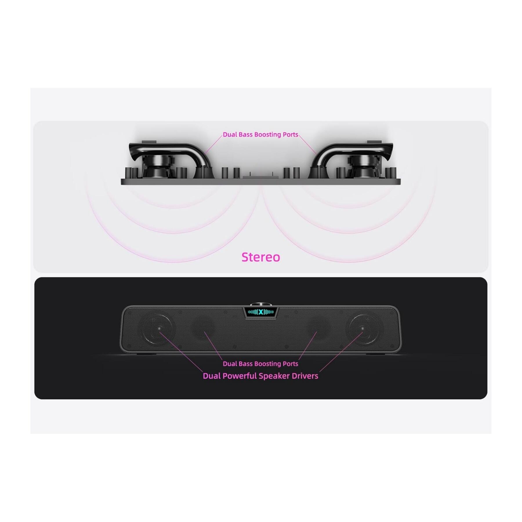Dual Bass Boosting Ports  
Stereo  
Dual Powerful Speaker Drivers