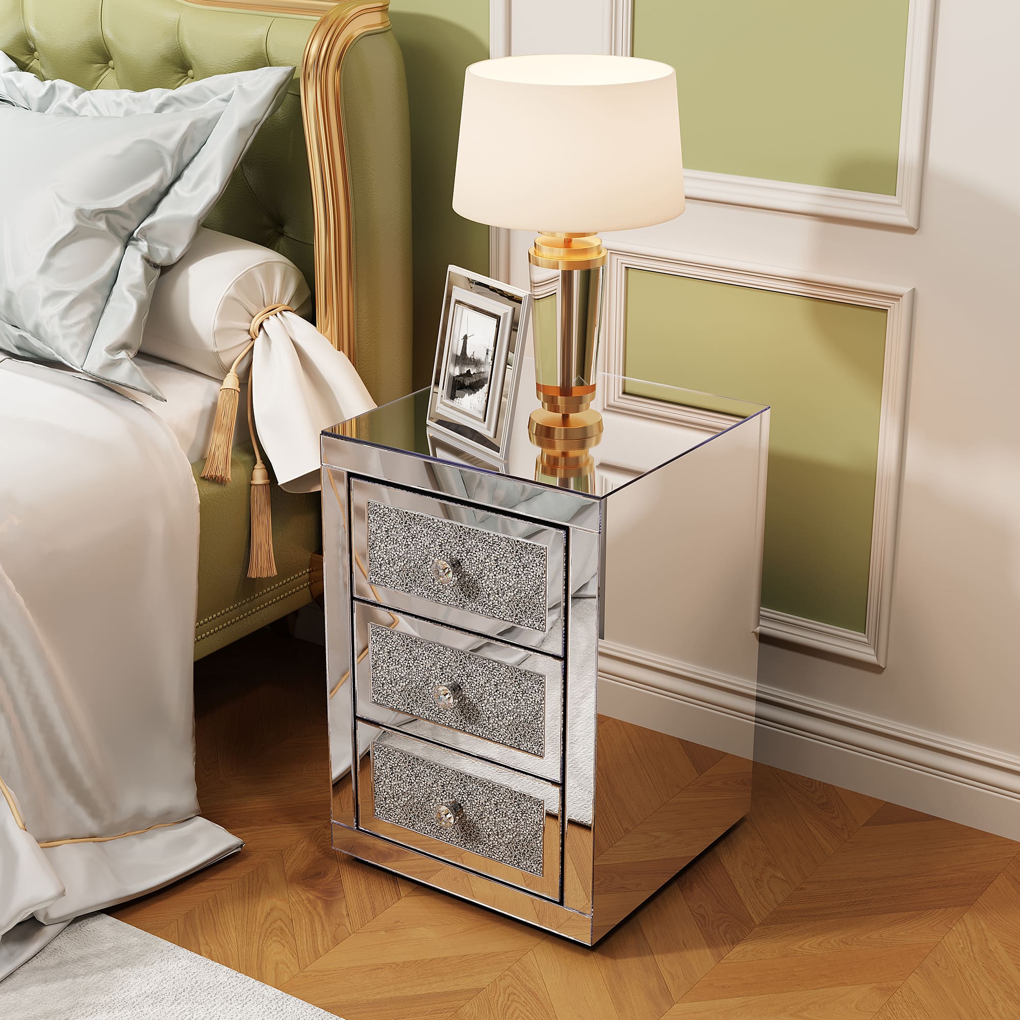 Tiramisubest - 3-Drawer Mirrored Nightstand with Crystal Knobs and Glitter Accents - Silver