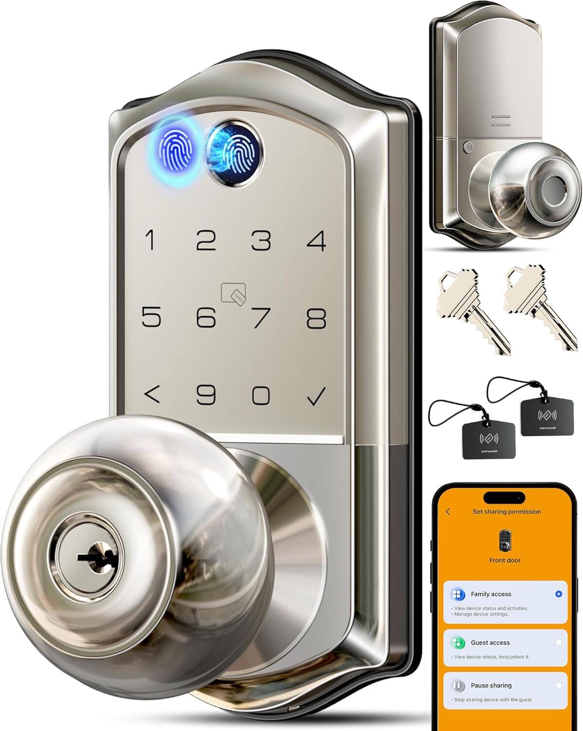 RTMB - Smart Fingerprint Door Knob w/ App Control & Keyless Entry (Satin Nickel)